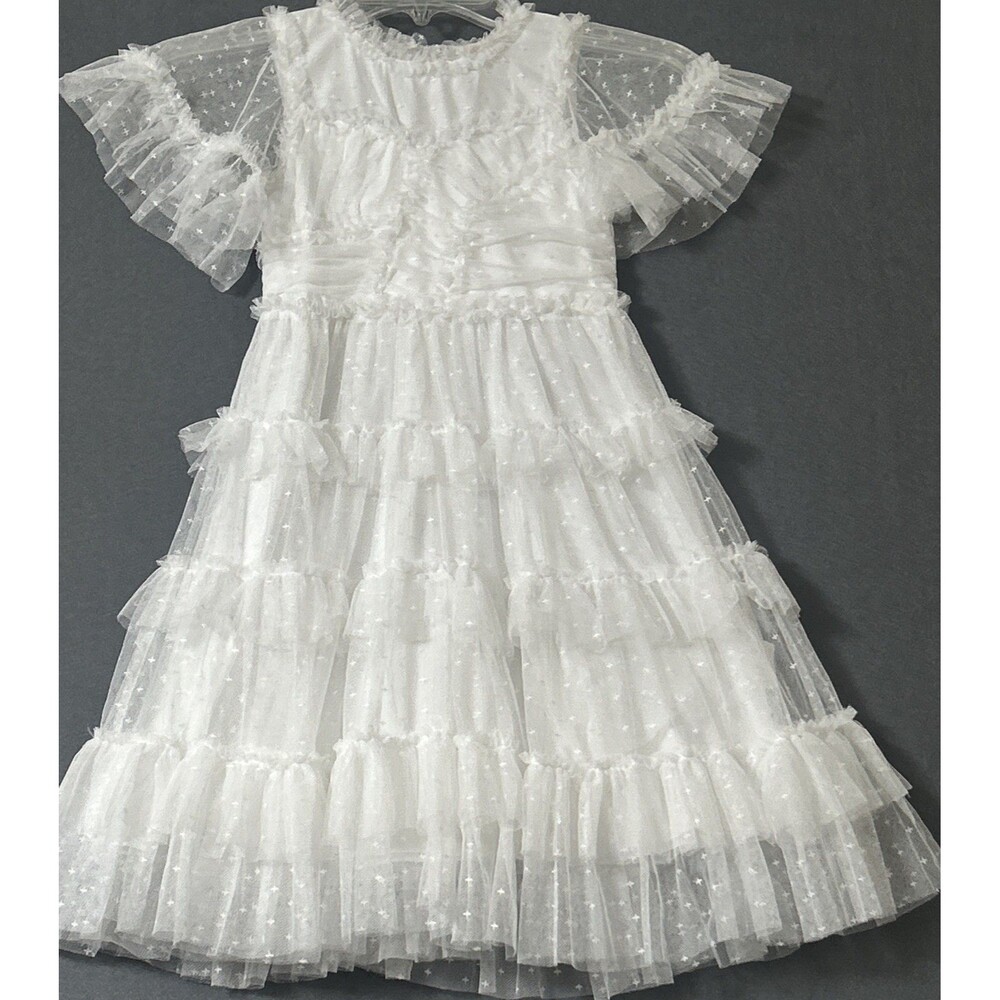 Ivy City Co Whimsical Gown in White Embroidered Tulle Ruffled Maxi Dress Sz 4/5